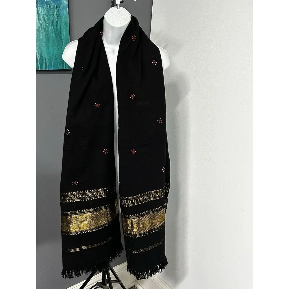 Unbranded‎ Wool Blend Embroidered Metallic Fringed Scarf 82 X 38.5 Gypsy Boho